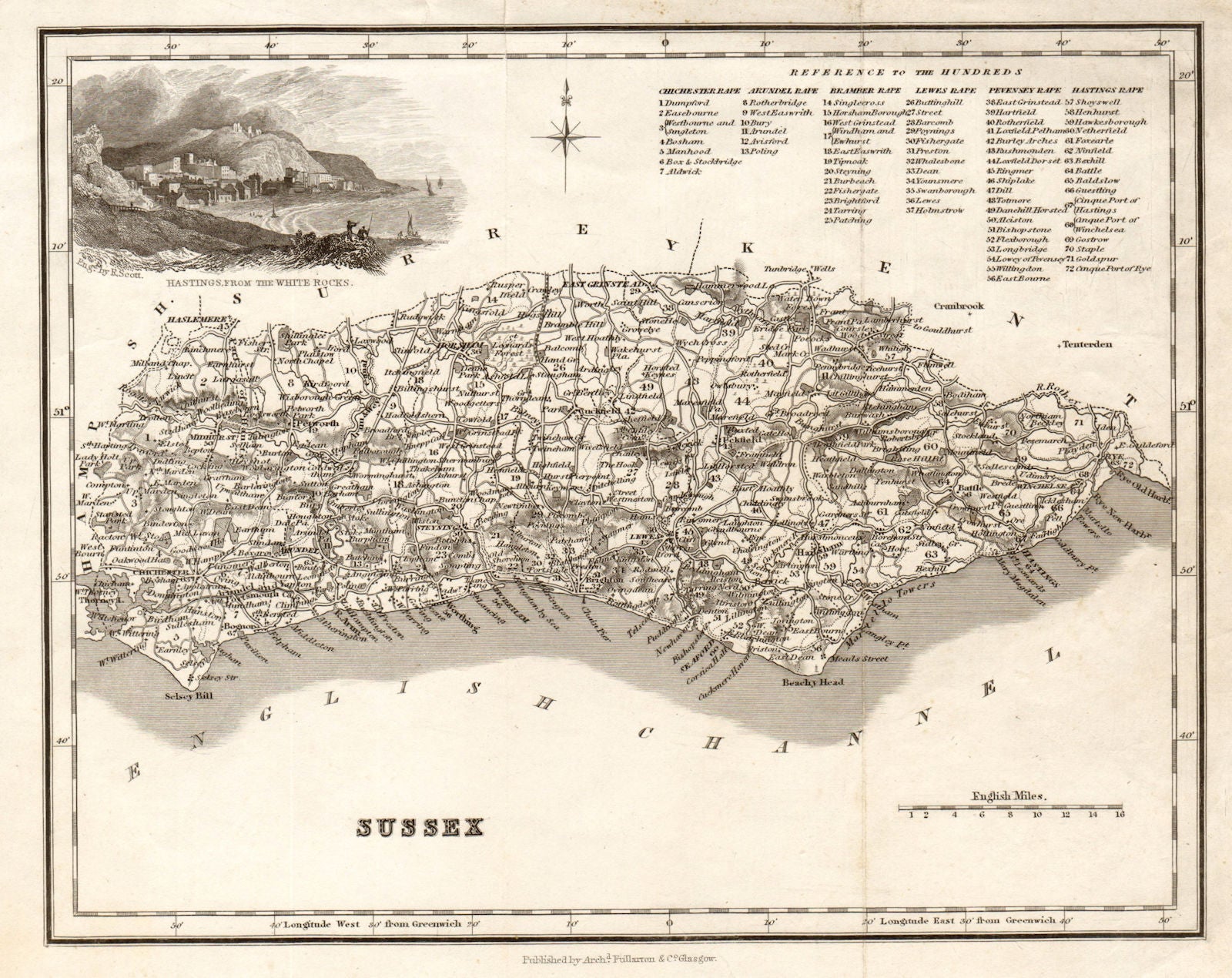 Antique county map of Sussex by Archibald Fullarton c1833 old